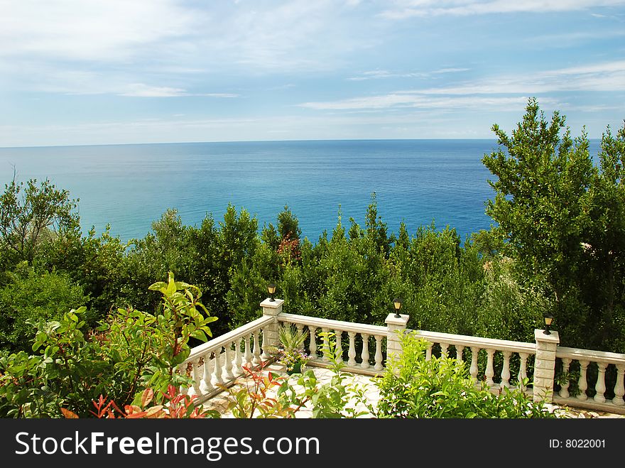 Adriatic sea landscape, view from stone terrace. Adriatic sea landscape, view from stone terrace