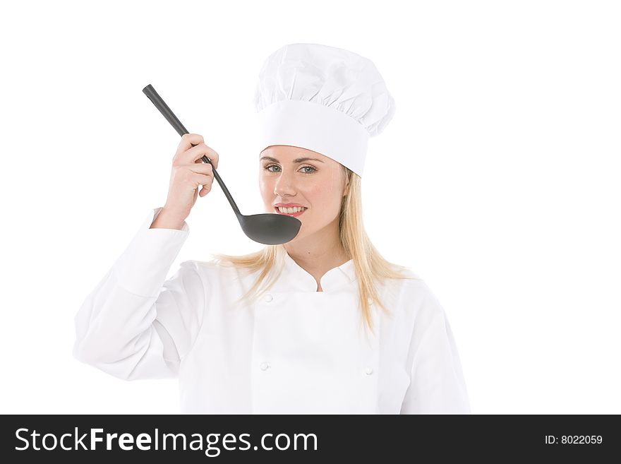 Woman chef tasting soup with spoon isolated on white