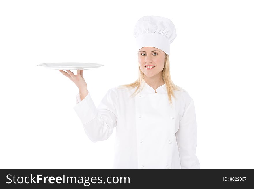 Woman chef hold an empty dish isolated on white