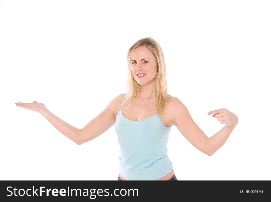 Woman with palms up isolated on white background. Woman with palms up isolated on white background