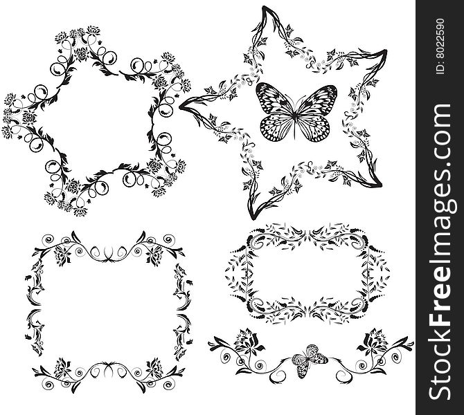 Set of black floral shaped frames and pattern. Set of black floral shaped frames and pattern