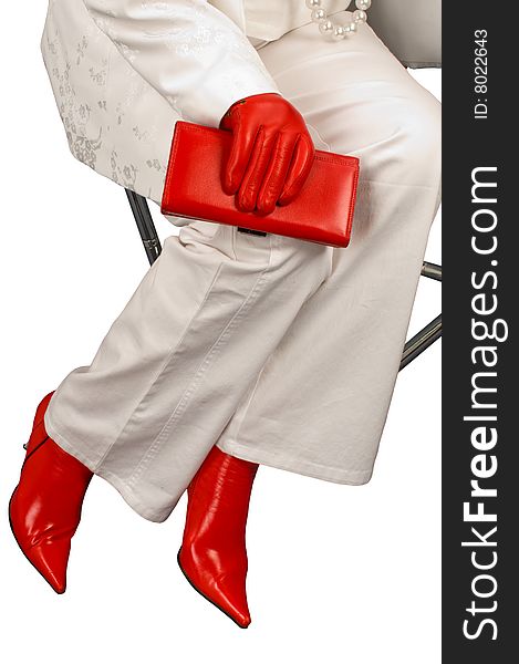 Red boots and gloves against white clothes. Red boots and gloves against white clothes.