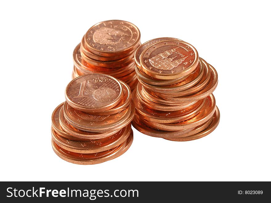 3 piles of euro coins isolated on white background. 3 piles of euro coins isolated on white background
