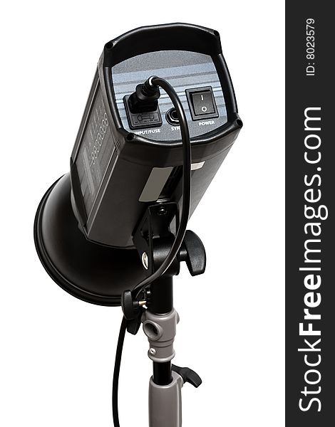 Modern powerful photographic flash on a white background