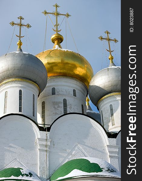 Domes of Cathedral of Our Lady of Smolensk (16th century). The Novodevichy Convent, Moscow, Russia. Domes of Cathedral of Our Lady of Smolensk (16th century). The Novodevichy Convent, Moscow, Russia.