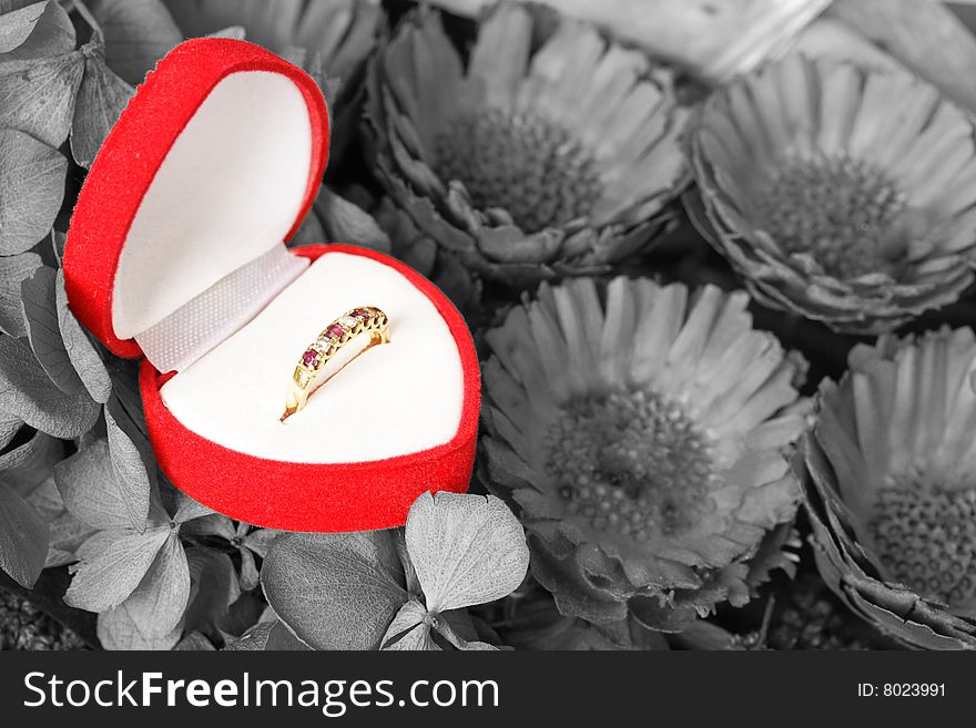 Valentine present ring in a desaturated flower background. Valentine present ring in a desaturated flower background