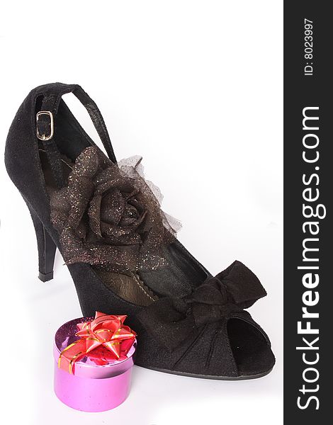 High heel woman shoe with rose and small box. High heel woman shoe with rose and small box
