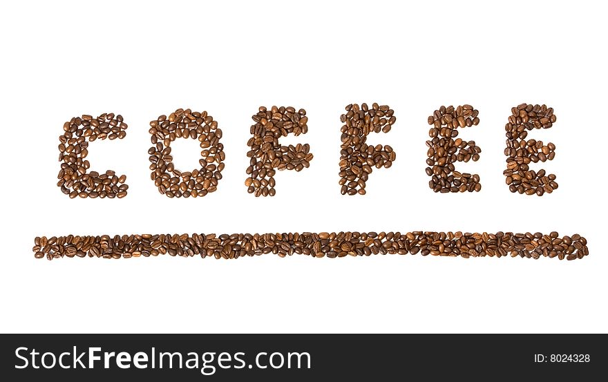 The word coffee made from coffee beans isolated at white