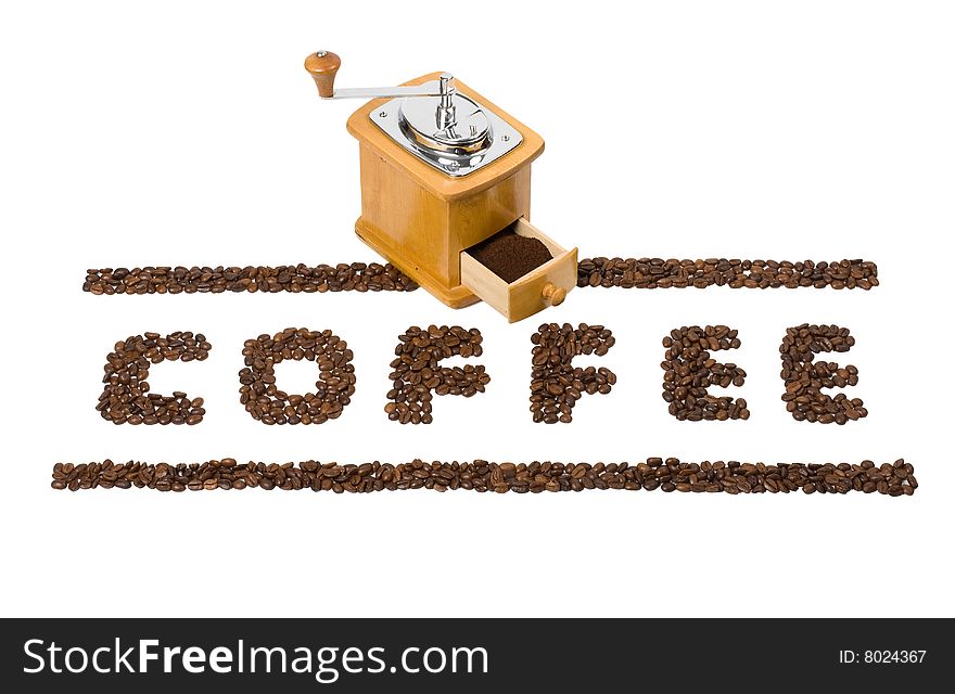Hand coffee-grinder with a coffee word isolated at white