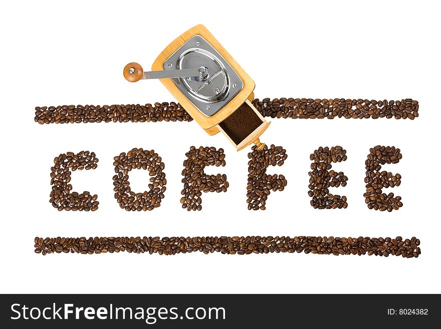 Hand coffee-grinder with a coffee word isolated at white