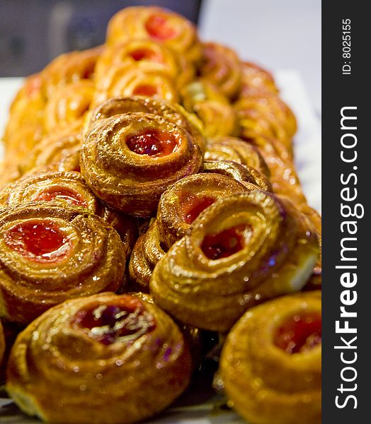 Fresh delicious cherry pastries at a market or buffet. Fresh delicious cherry pastries at a market or buffet