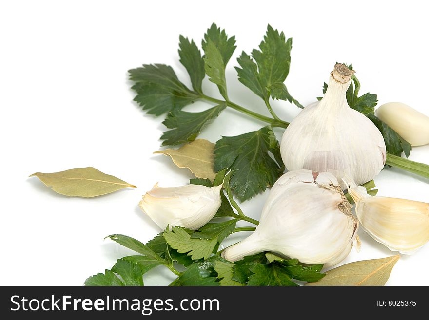 Garlic, celery and bay leaf on white