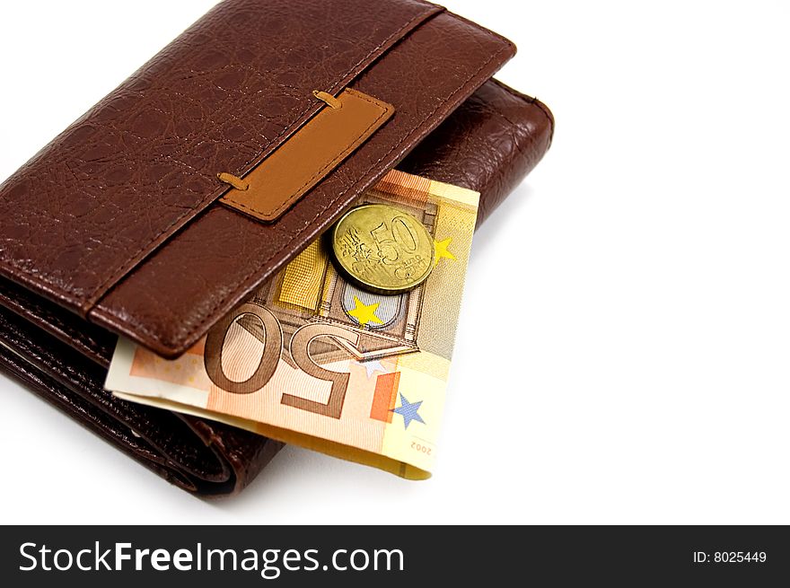 Woman purse with fifty euro banknote and cents over white. Woman purse with fifty euro banknote and cents over white