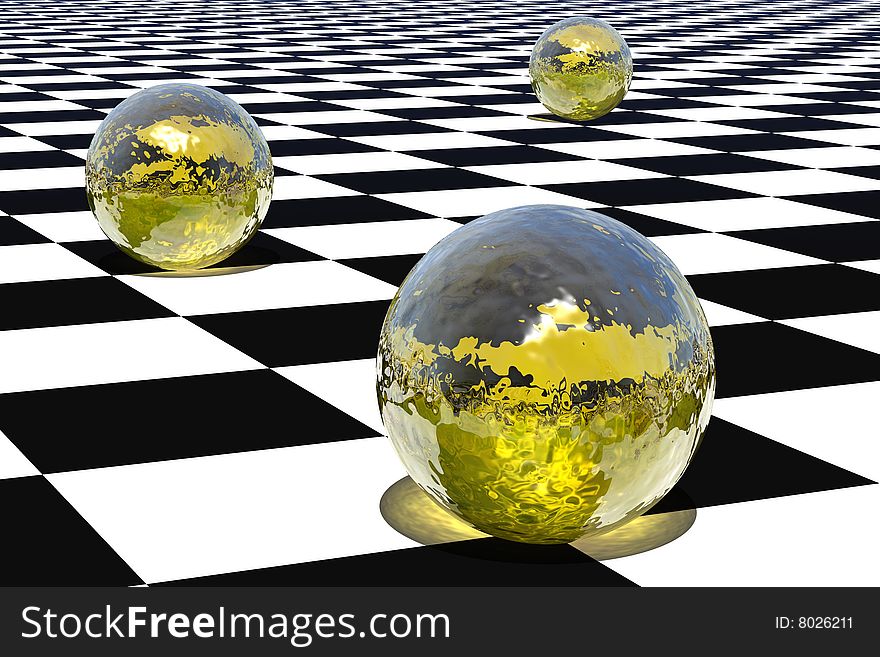 Yellow glass spheres, are standing on a checkered background. Yellow glass spheres, are standing on a checkered background