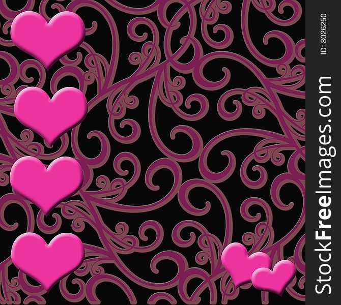 Pink hearts stacked on the left side of a paisley background. Pink hearts stacked on the left side of a paisley background