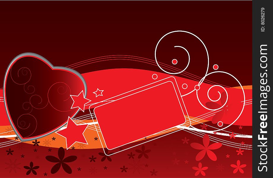 Red heart on red decorated background and banner. Red heart on red decorated background and banner