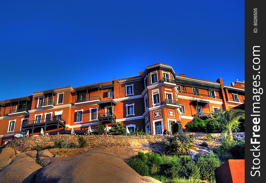 Hotel Sofitel Old Cataract Hotel in Aswan, Egypt. This hotel became well know while one of Hercule Porott detective stories took place here and also the movie was shot here.