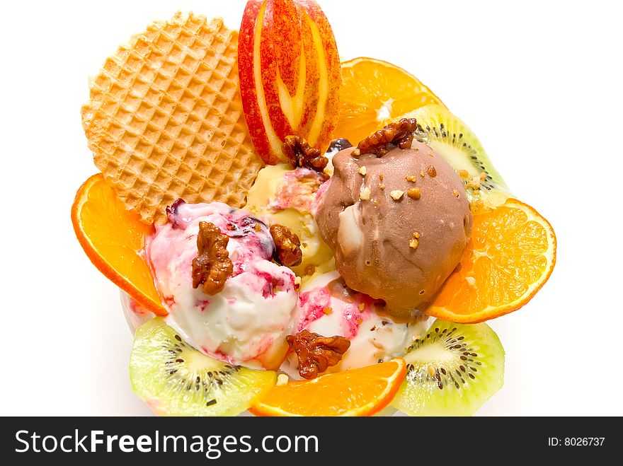 Chocolate and cherry ice-cream  with tropical fruit. Chocolate and cherry ice-cream  with tropical fruit