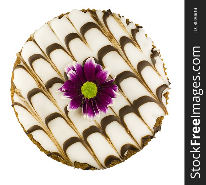 Baked cake with curvy icing and a purple flower on top, isolated on white.