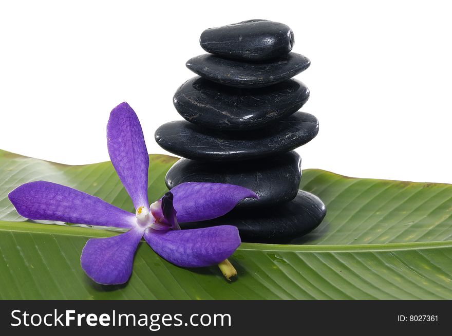 Orchid and stones on banana leaf. Orchid and stones on banana leaf