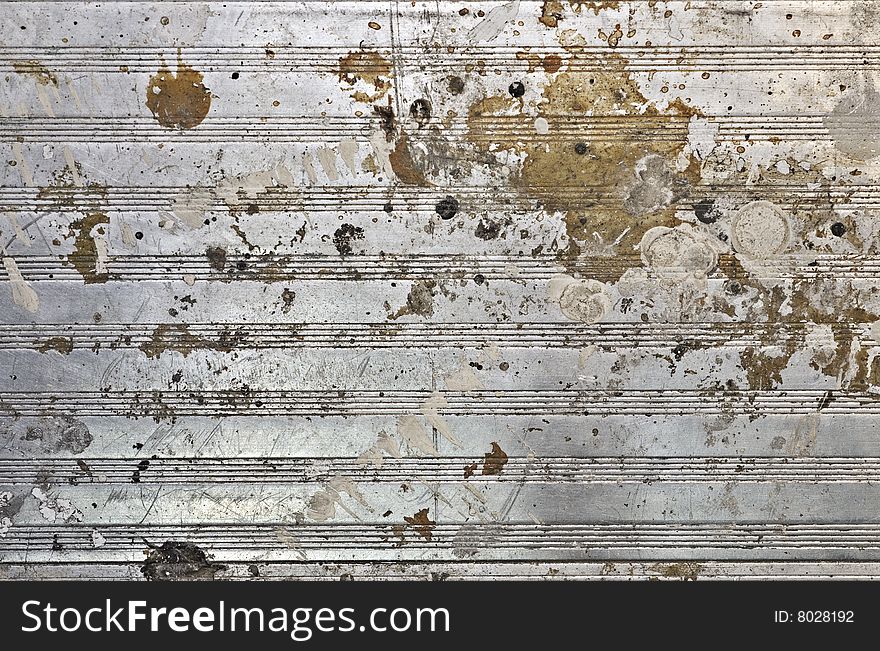 A stained and paint splotched metal sheet background. A stained and paint splotched metal sheet background