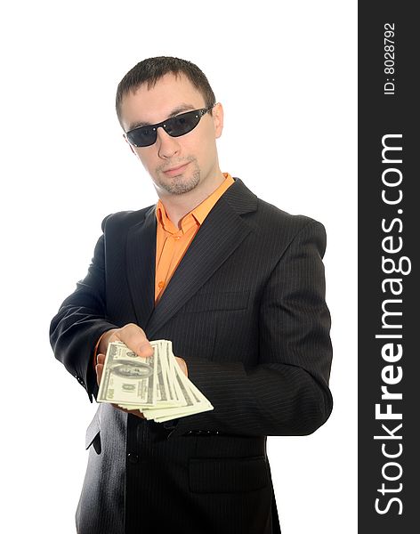 The guy in dark glasses transfers money. Isolate on white. The guy in dark glasses transfers money. Isolate on white.