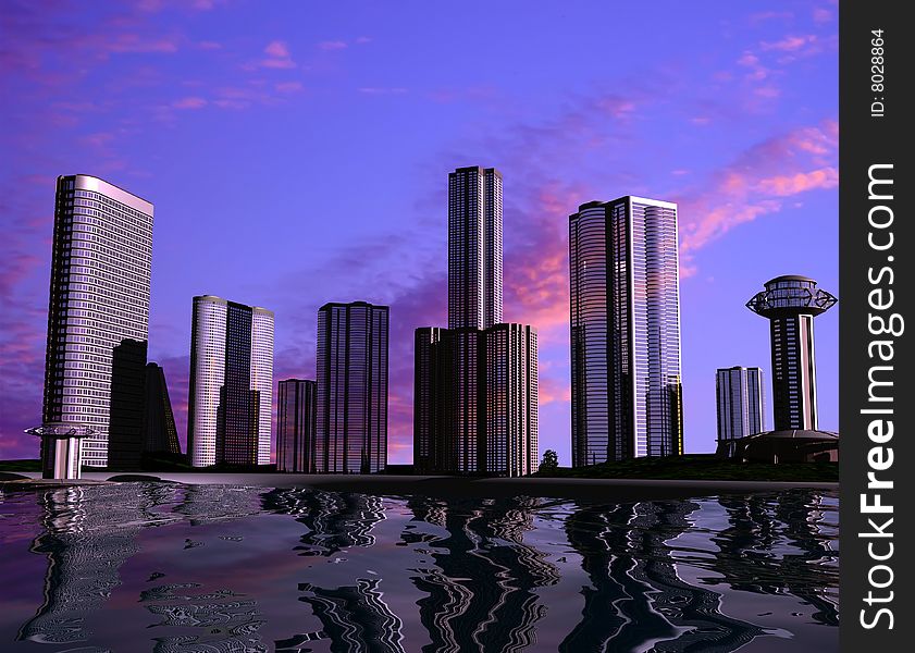 Skyscrapers of modern city on water