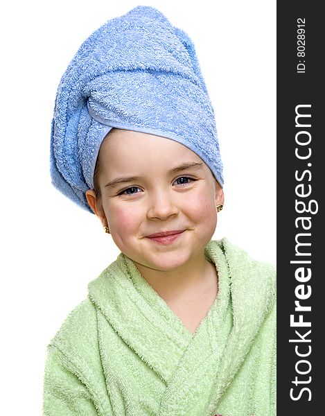 Close up of young attractive girl in bathrobe isolated on white background.