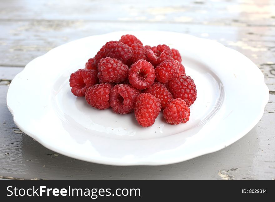 Raspberries on a White Dish