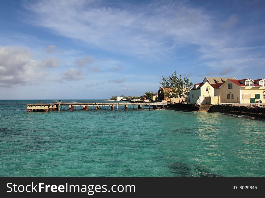 Tropical island town and blue ocean