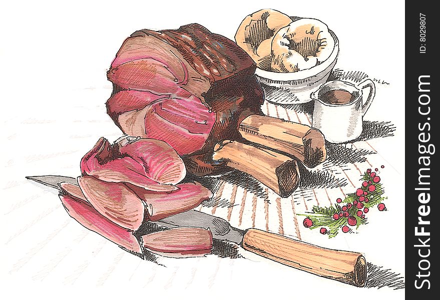 Illustration of Rib of Beef and trimmings.
