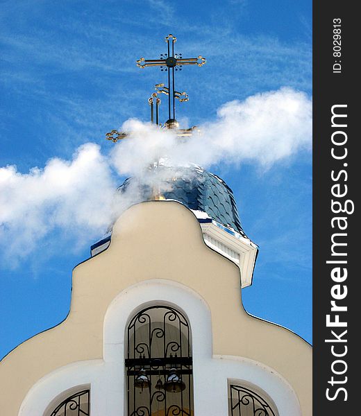 Church Crosses inside white cloud on blue sky background 13. Church Crosses inside white cloud on blue sky background 13