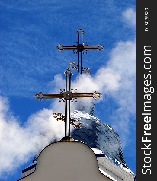 Church Crosses inside white cloud on blue sky background. Church Crosses inside white cloud on blue sky background