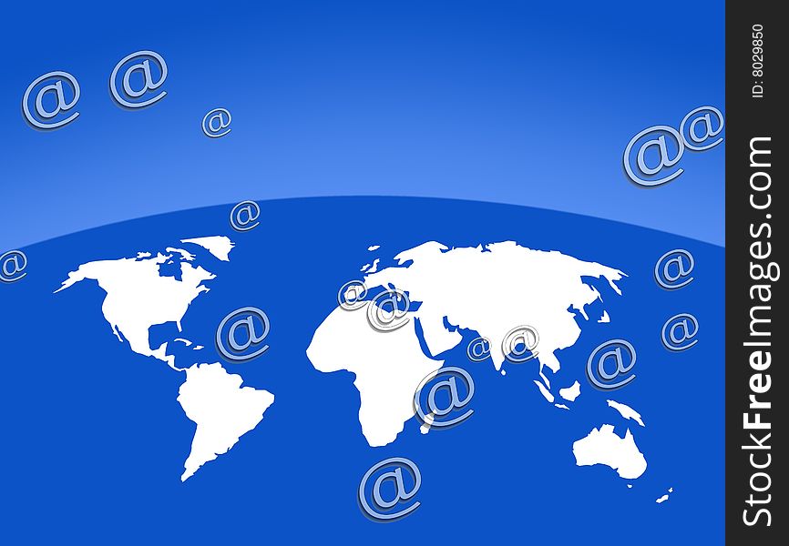 World ouline map overlaid with email symbols. World ouline map overlaid with email symbols