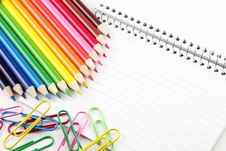 Colored Pencils And Paperclips With Index Cards Stock Photos Colored Pencils And Paperclips With Index Cards Stock Photos