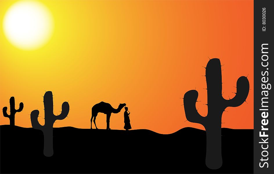 Man with camel in the desert, vector illustration. Man with camel in the desert, vector illustration