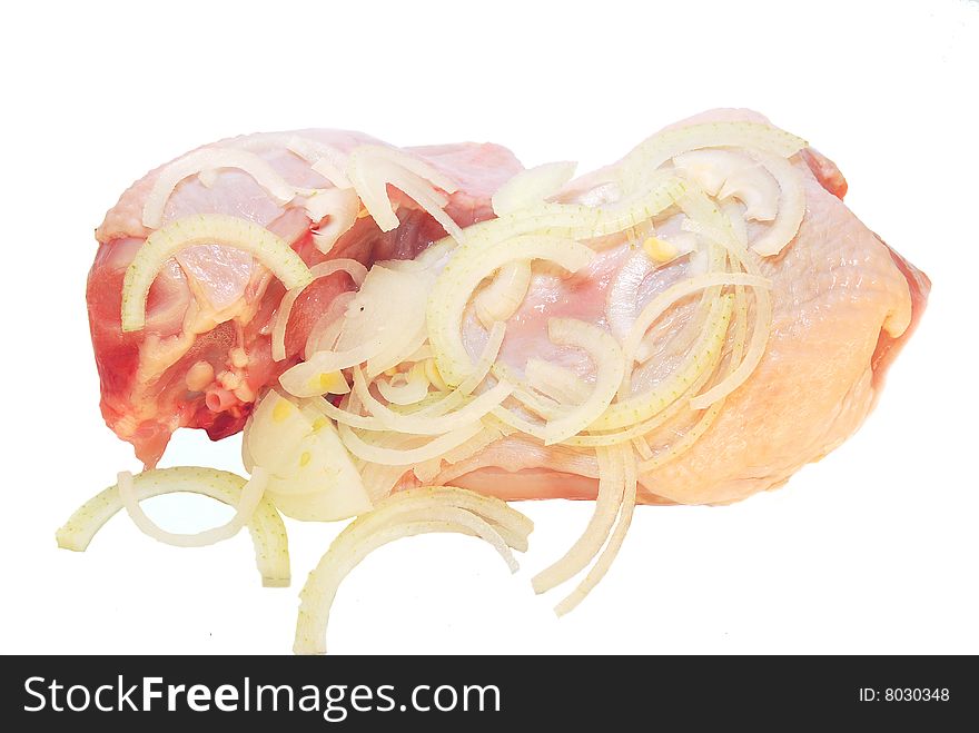 Raw chicken with spices isolated on white background