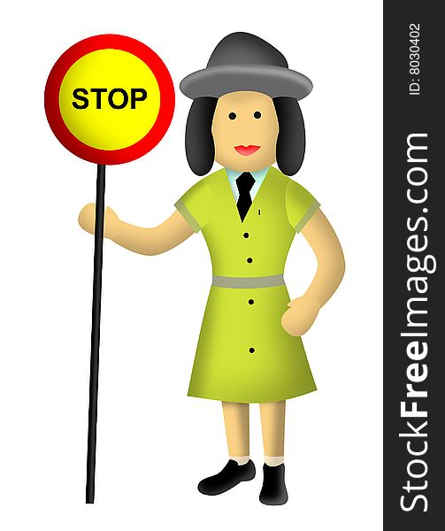 Illustration of a woman with a stop sign for children crossing isolated on white background. Illustration of a woman with a stop sign for children crossing isolated on white background