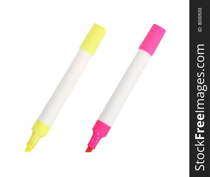 Yellow and pink highlighters isolated on white