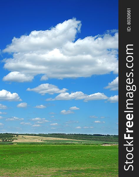 Green grass field and blue cloudy sky. Green grass field and blue cloudy sky