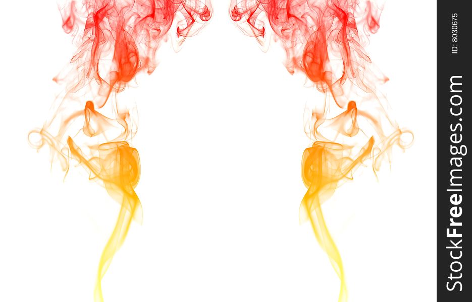 Colored smoke curves in mirror on white background. Colored smoke curves in mirror on white background