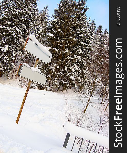 Two blank signs with winter landscape