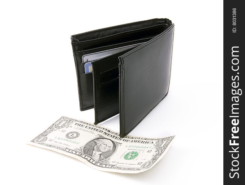 Black leather wallet with dollar on a white background