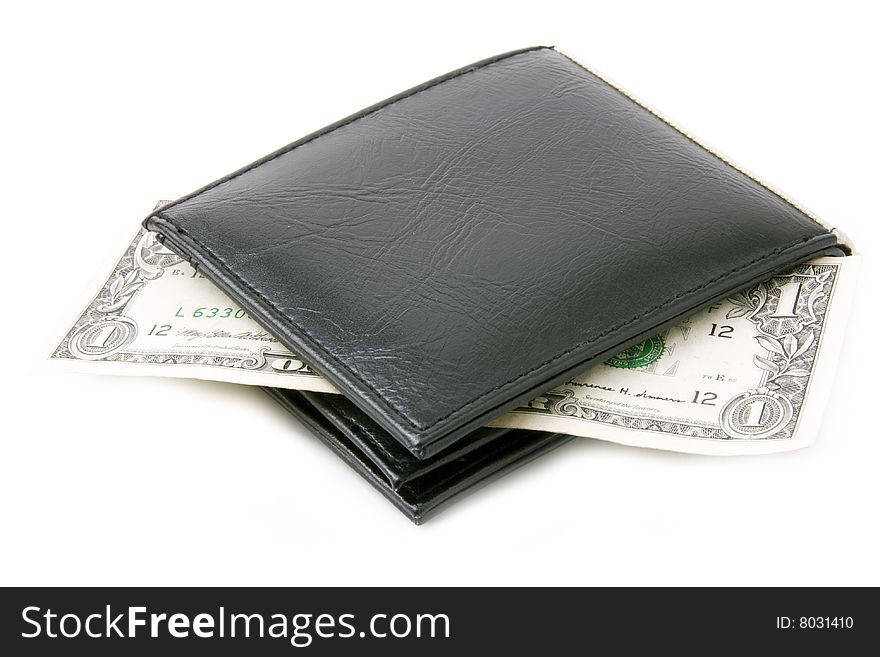 Black leather wallet with dollar on a white background