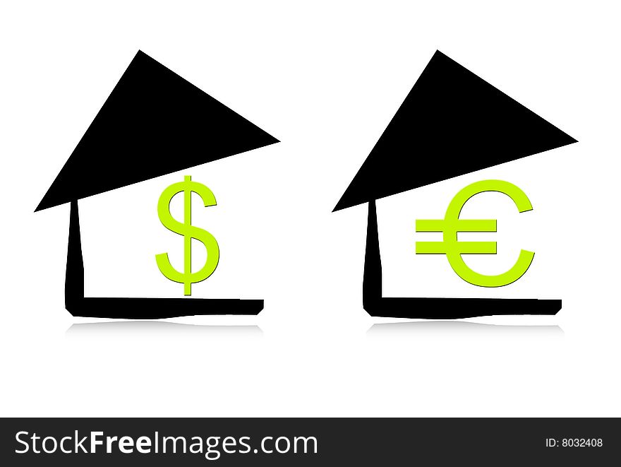 Money signs in homes on isolated background