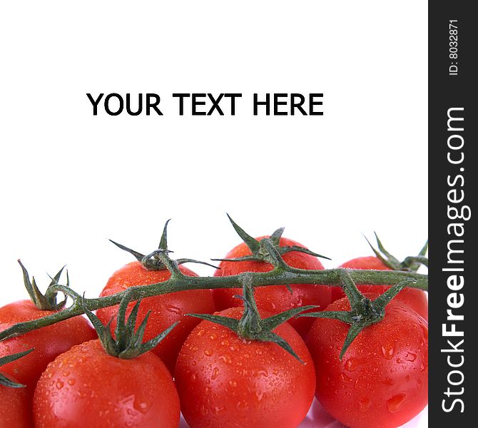 Macroshot of a bunch of tomatoes with drops of water. Isolated over white background. Lot of copyspace. Macroshot of a bunch of tomatoes with drops of water. Isolated over white background. Lot of copyspace.