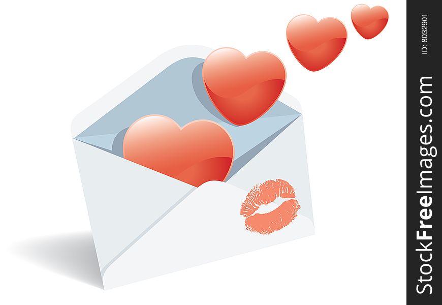 Love mail, envelope, heart and lipstick print.