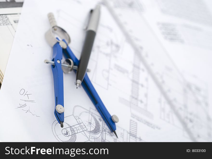 Technical drawing with ruler and pen. Technical drawing with ruler and pen