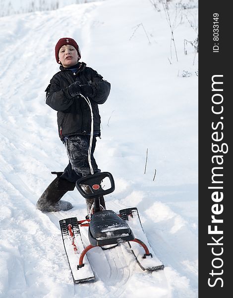 A boy in red hat on the sledge. A boy in red hat on the sledge