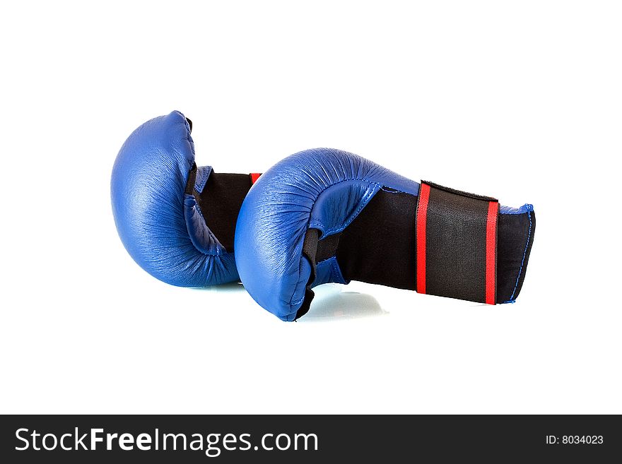 Pair of blue boxing gloves against a white background